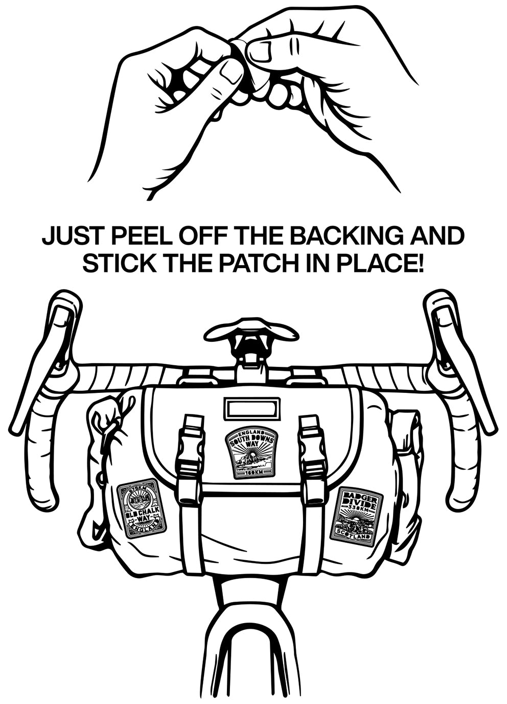 Adventure bikepacking patch on a handlebar bag - retro woven cycling route patch in use