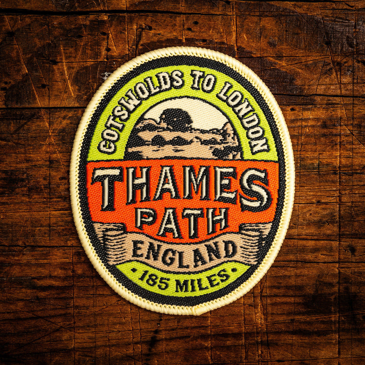 Thames Path retro woven patch – national trail following the Thames from Cotswolds to London, iron-on
