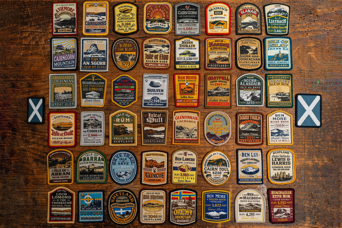 Adventure Patch Company Scottish Mountain patches closeup hero shot – Cairn Toul patch area