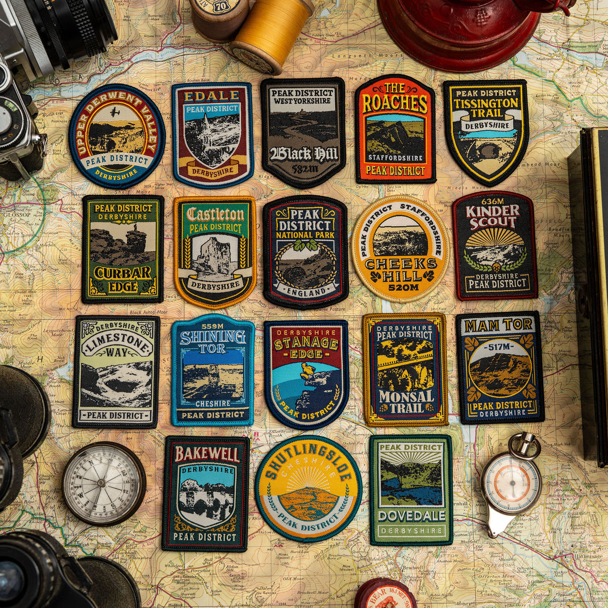 Adventure Patch Company Peak District patches hero shot – pub sign design outdoor hiking patches