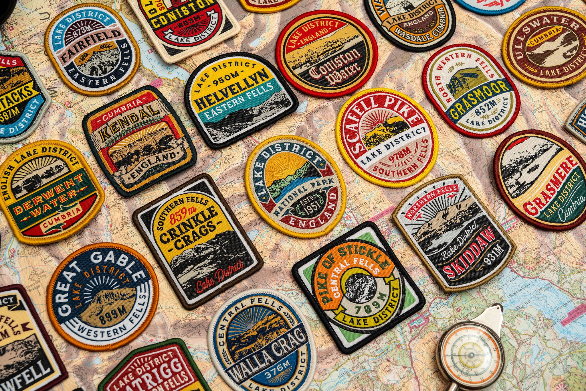 Buttermere patch close-up on outdoor gear - retro woven Lake District patch