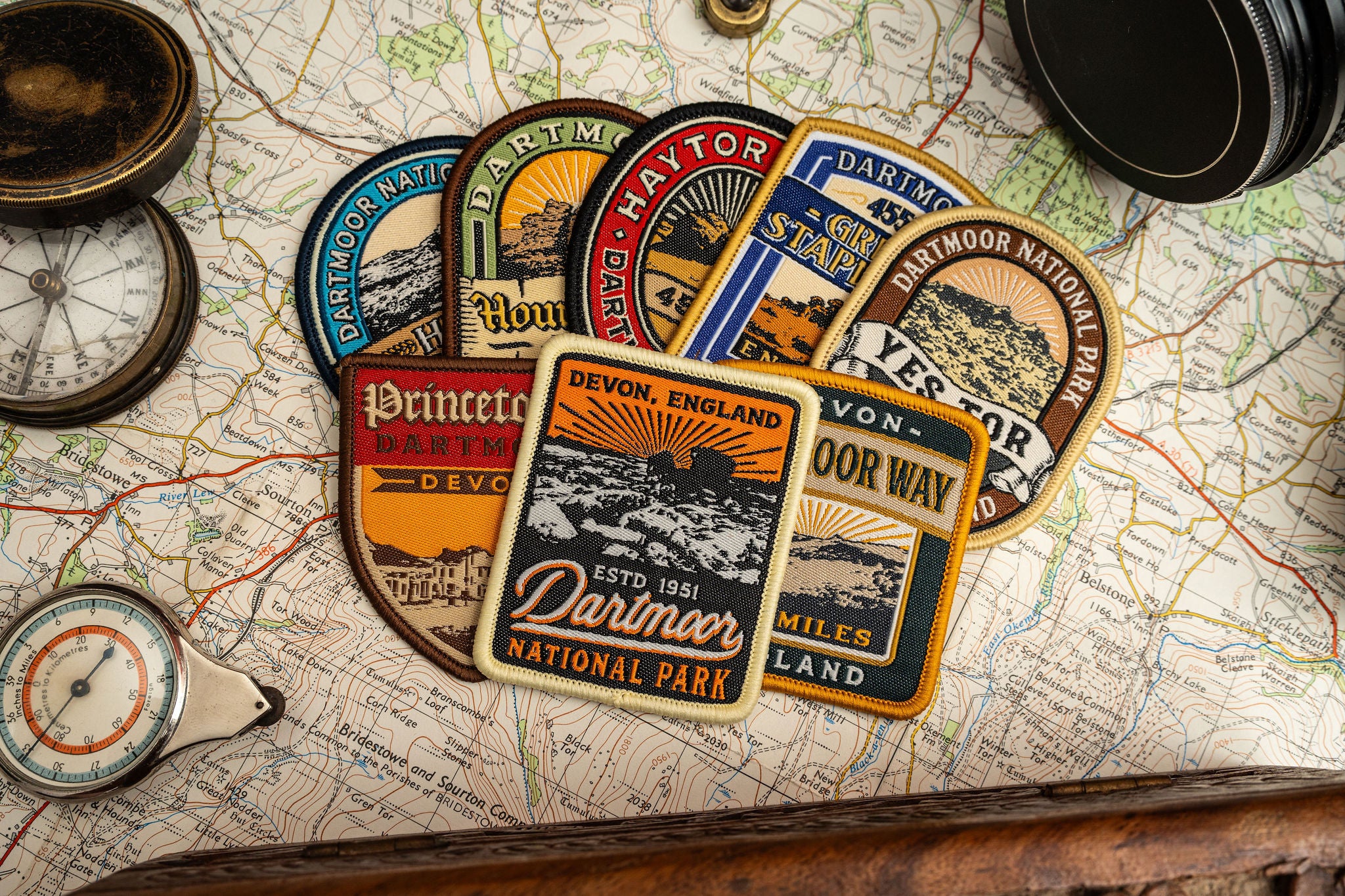 Adventure Patch Company Dartmoor patches styled on outdoor gear – woven hiking patches on Dartmoor