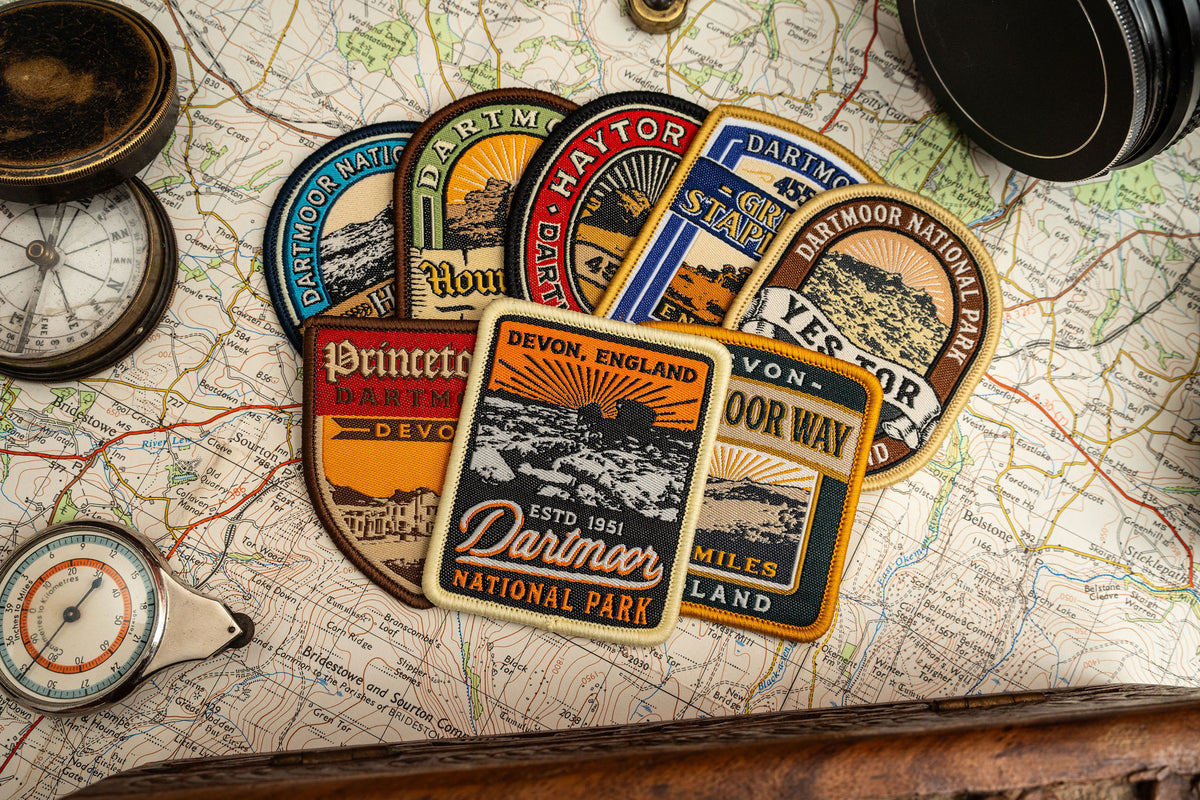 Adventure Patch Company Dartmoor patches styled on outdoor gear – woven hiking patches on Dartmoor