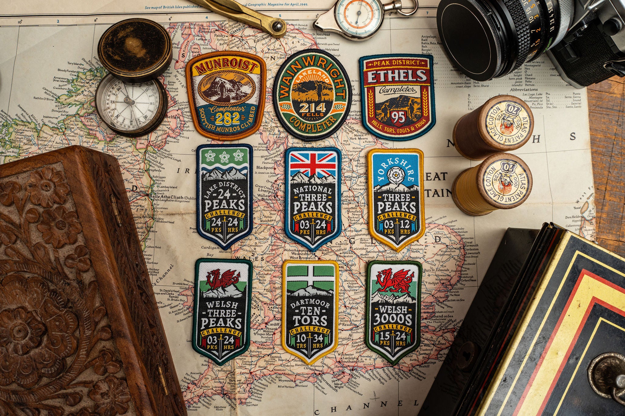 Adventure Patch Company challenge patches styled on outdoor gear – woven commemmorative hiking patches