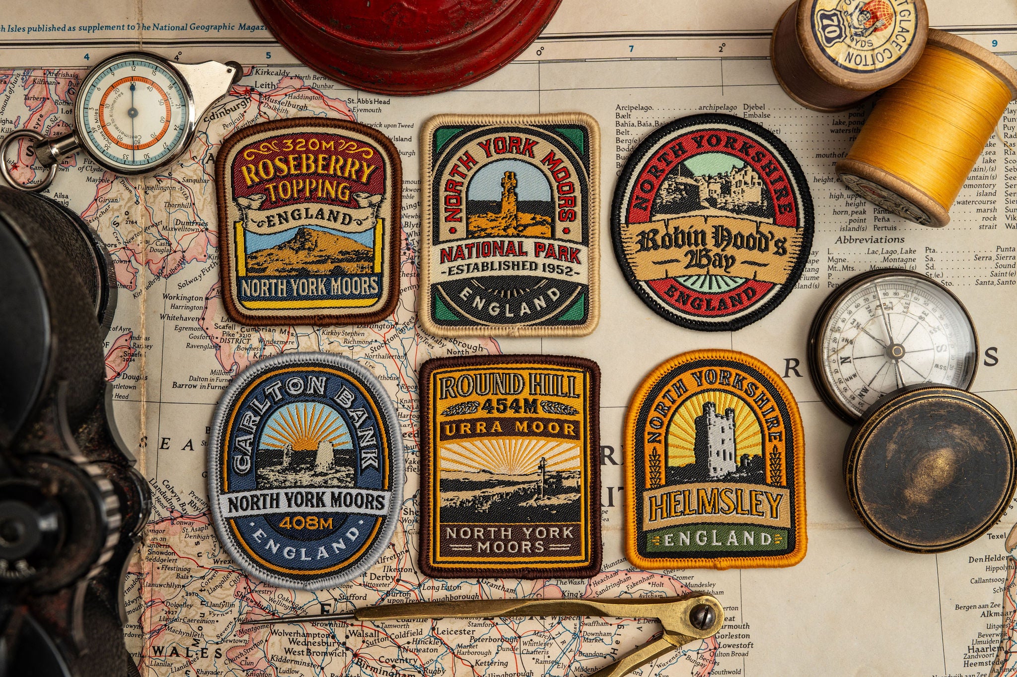 North York Moors patches hero shot - retro woven patches on outdoor gear