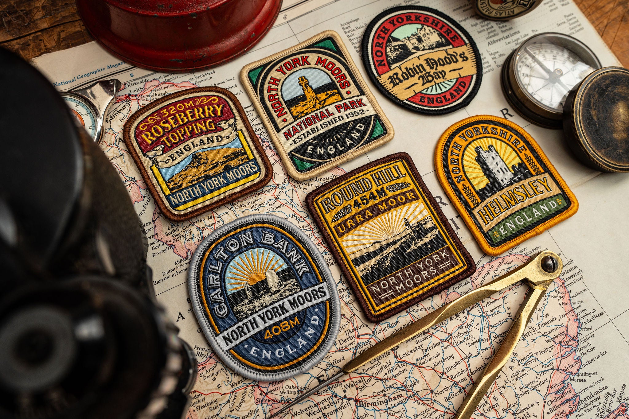 North York Moors patches styled on outdoor gear - retro woven hiking patches collection