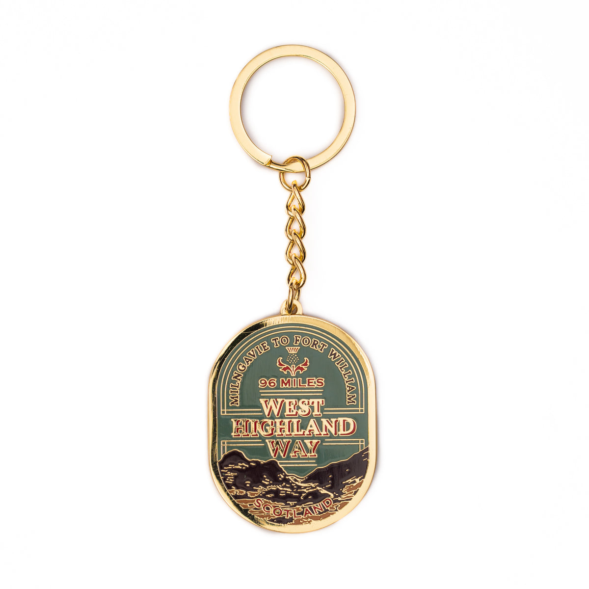 West Highland Way keyring close-up detail - hard enamel keyring for outdoor enthusiasts