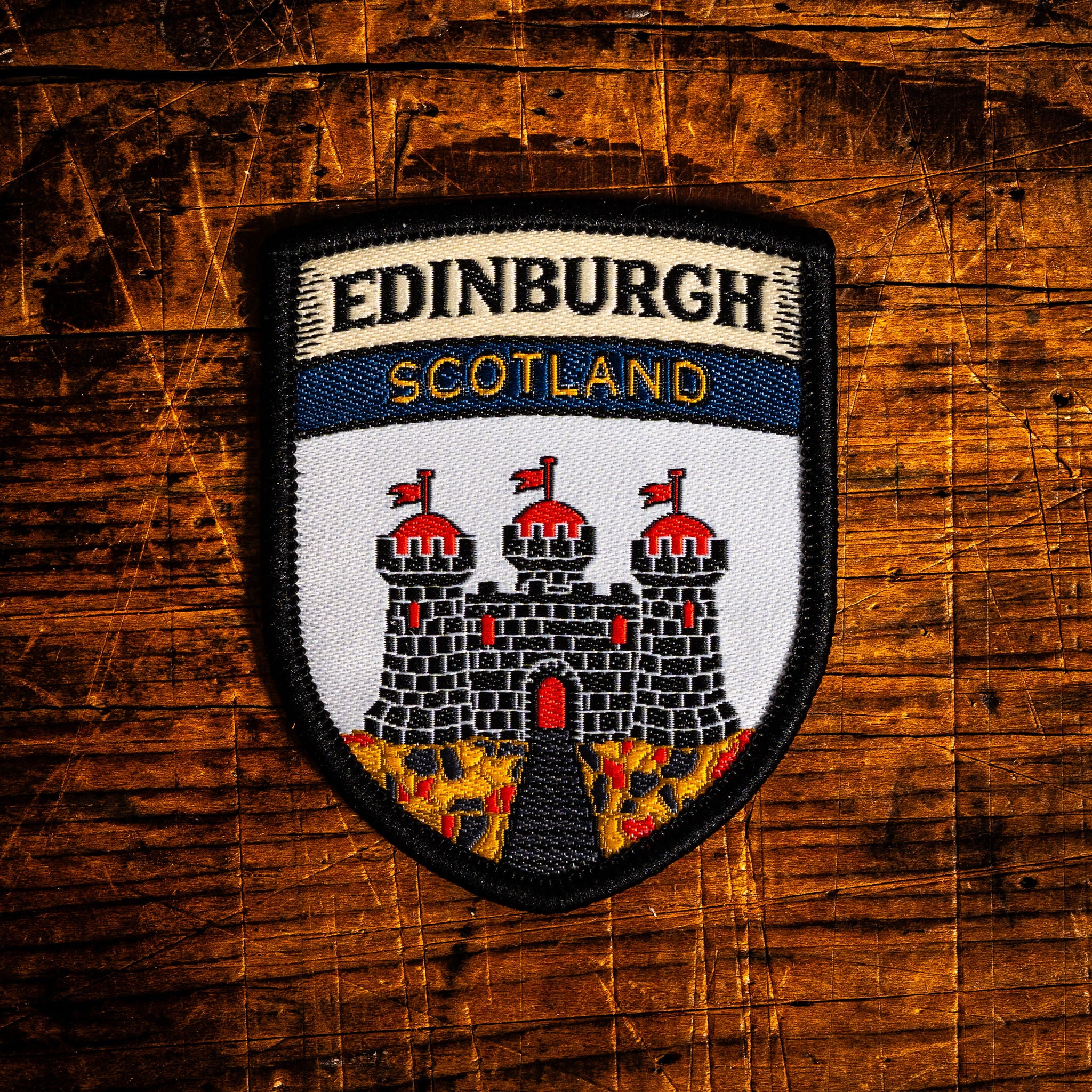 City of Edinburgh flag retro woven patch - flag of Scotland's capital city, iron-on backing, recycled yarn