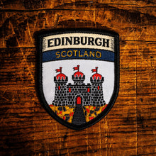 Load image into Gallery viewer, City of Edinburgh flag retro woven patch - flag of Scotland's capital city, iron-on backing, recycled yarn