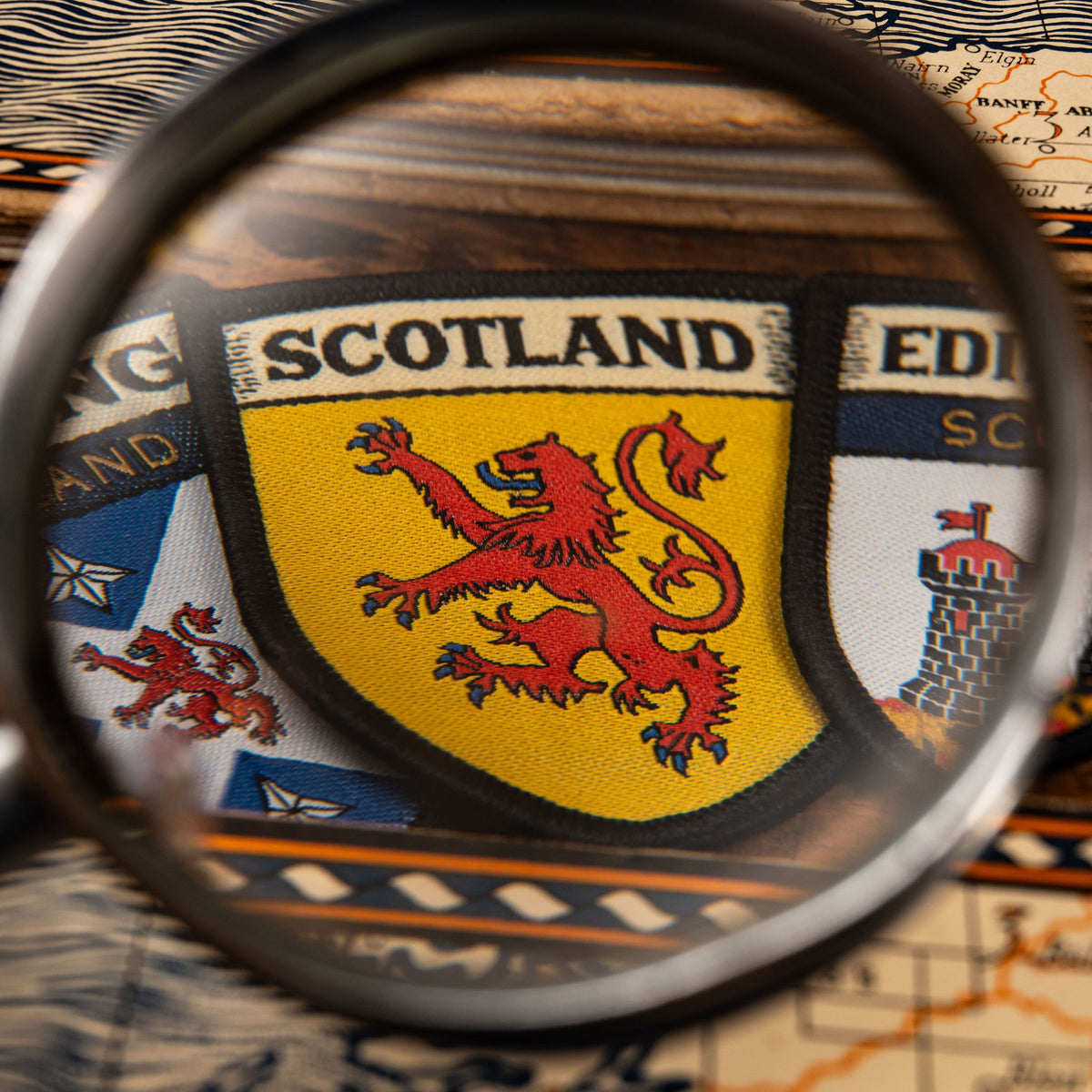Royal Banner of Scotland patch close-up - Lion Rampant retro woven Scottish flag patch