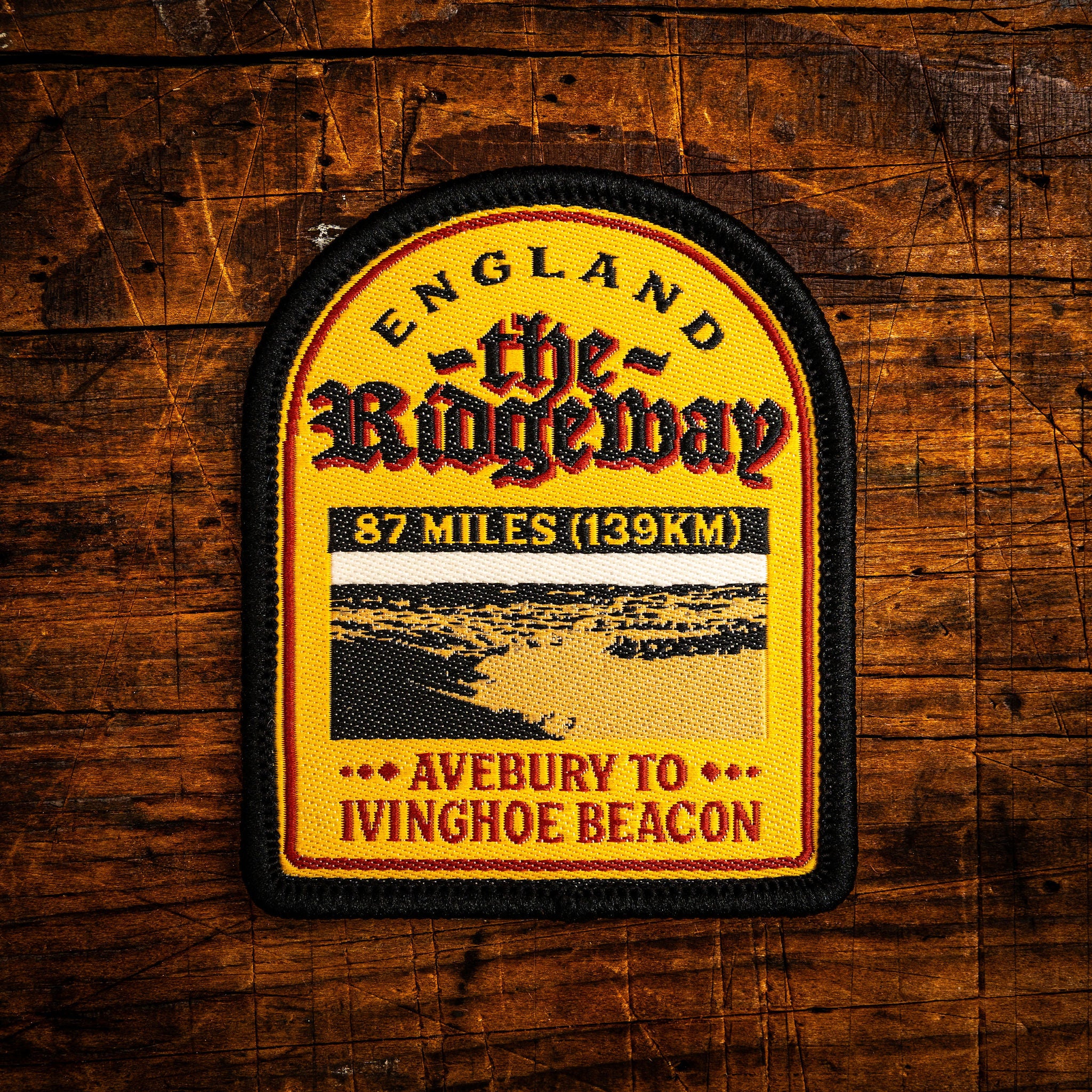 The Ridgeway retro woven patch – historic national trail in southern England, iron-on backing