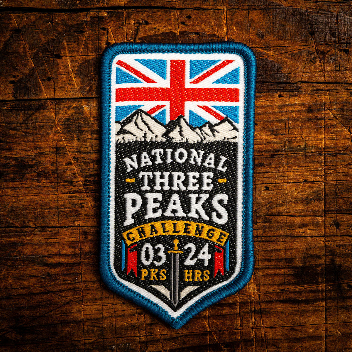 UK National Three Peaks Challenge woven patch – celebrating Scafell Pike, Snowdon and Ben Nevis in 24hrs