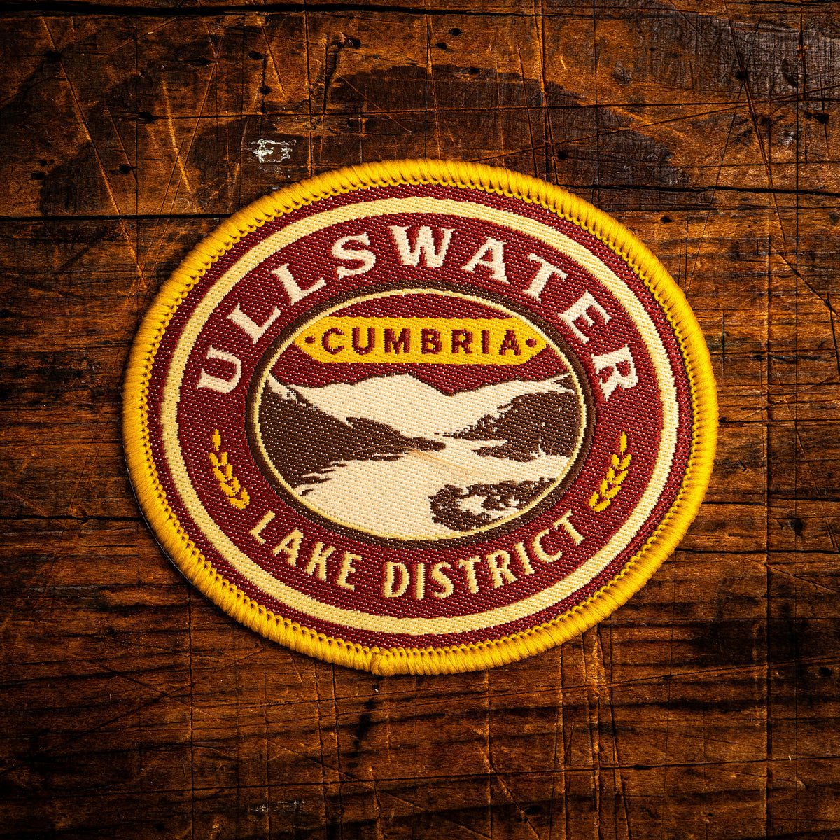Ullswater retro woven patch – second largest Lake District lake, beer pump clip design, iron-on backing