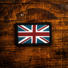 United Kingdom flag retro woven patch – velcro-backed Union Jack patch, 4.5cm x 3cm, recycled yarn