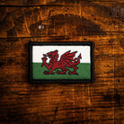 Wales flag retro woven patch – velcro-backed Welsh Dragon patch, 4.5cm x 3cm, recycled yarn