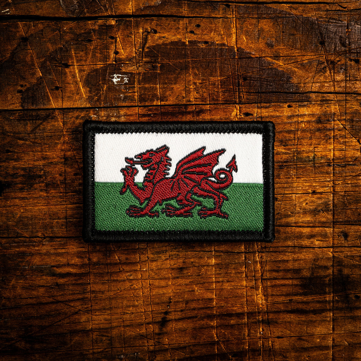 Wales flag retro woven patch – velcro-backed Welsh Dragon patch, 4.5cm x 3cm, recycled yarn
