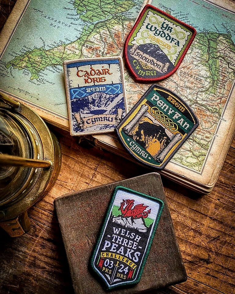 Welsh Three Peaks patches and challenge patches displayed together – retro woven commemorative patches