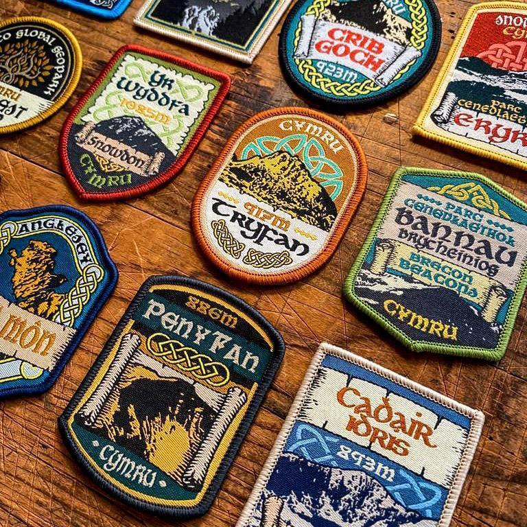Llandudno patch on outdoor gear - Celtic design retro woven Welsh hiking patch in use