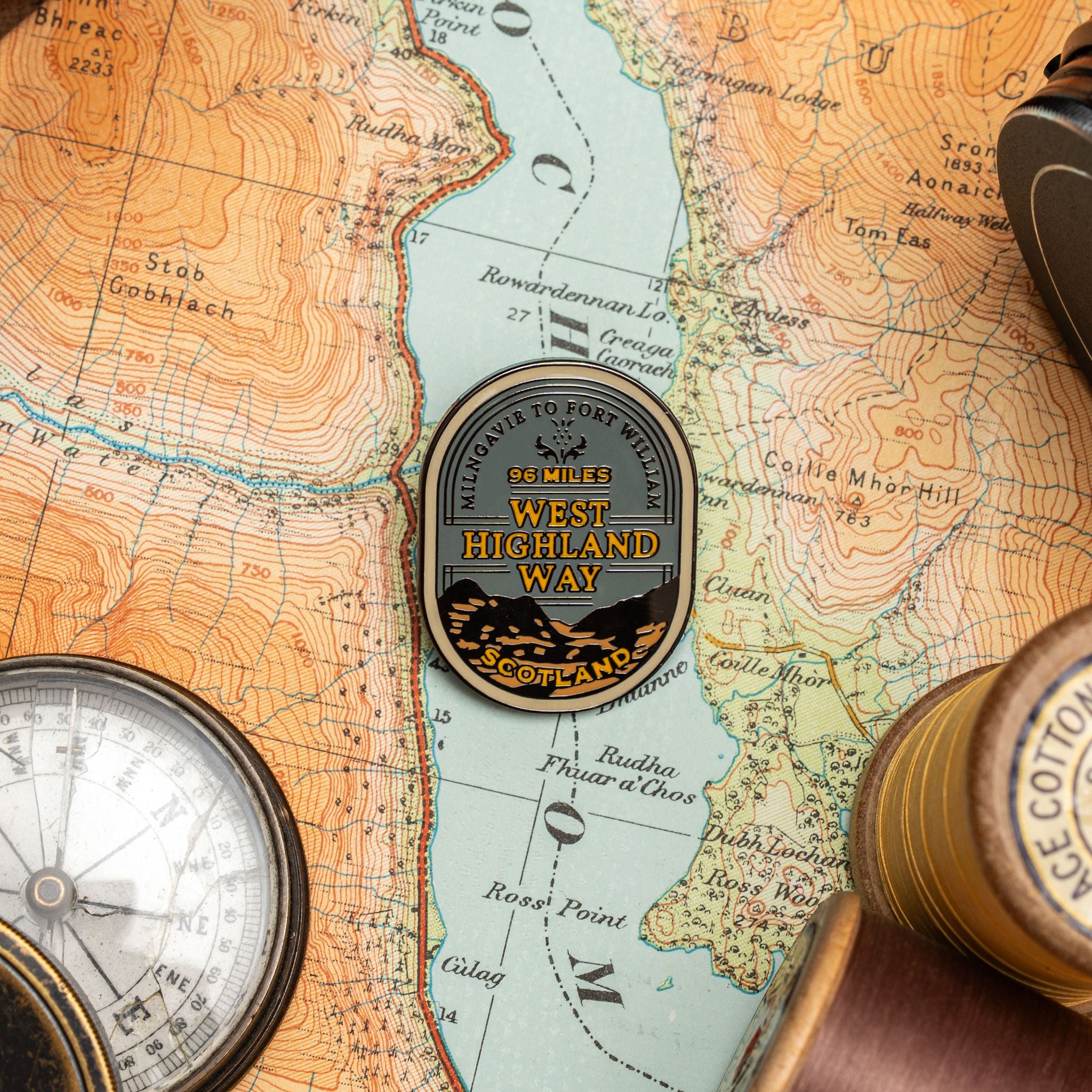 West Highland Way hard enamel pin - iconic Scottish long distance trail, whisky label design, 3cm x 3cm