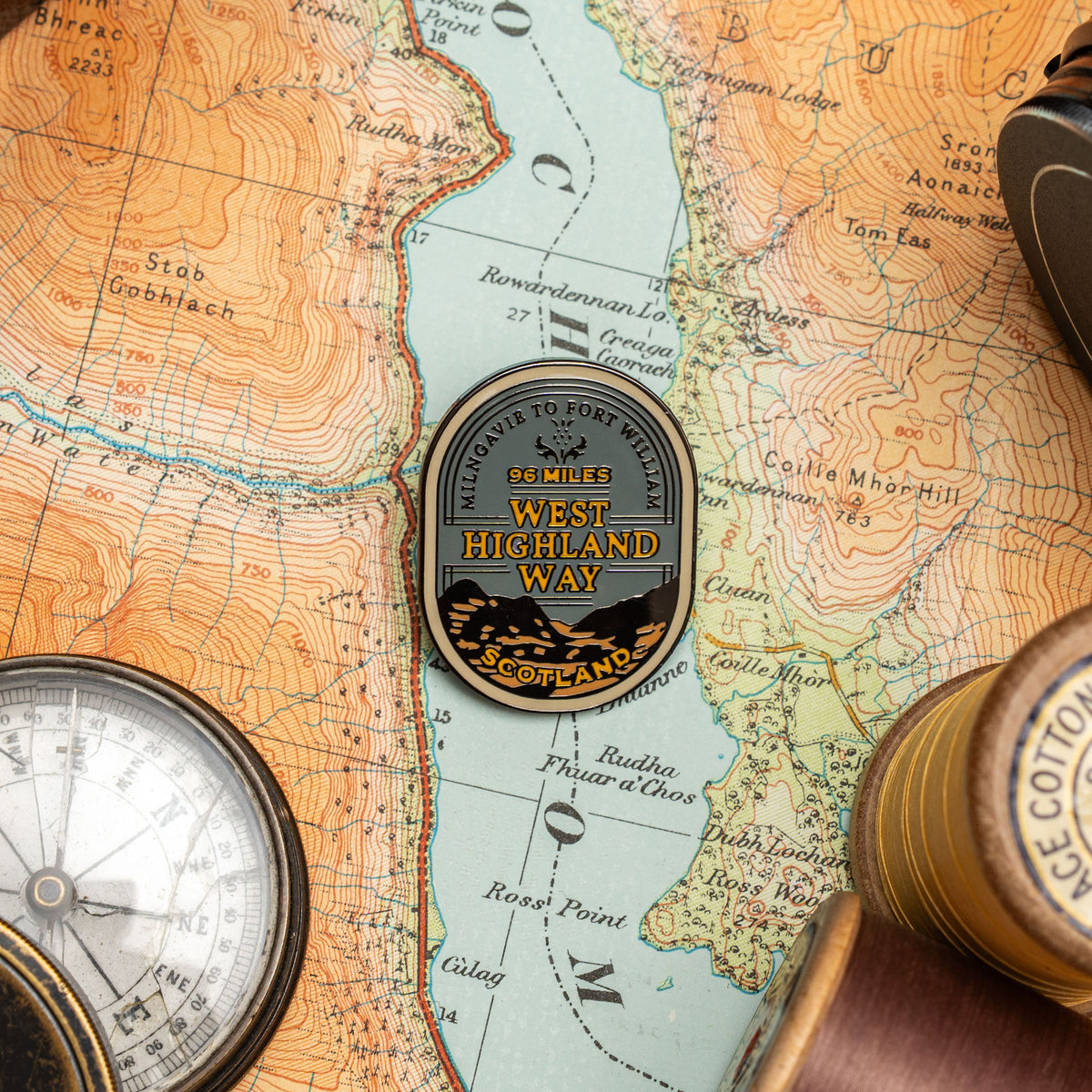 West Highland Way hard enamel pin - iconic Scottish long distance trail, whisky label design, 3cm x 3cm