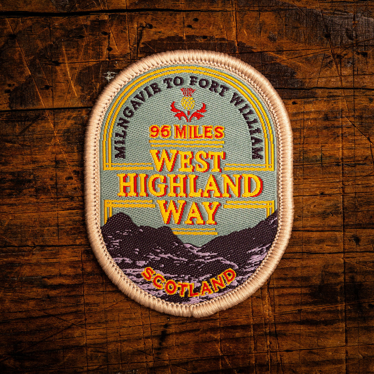 West Highland Way retro woven patch – iconic Scottish long distance trail, whisky label design, iron-on