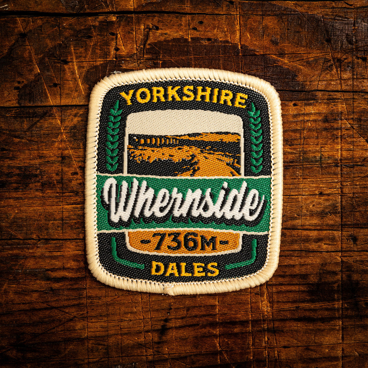 Whernside retro woven patch – highest peak in Yorkshire Dales and Yorkshire Three Peaks, iron-on backing