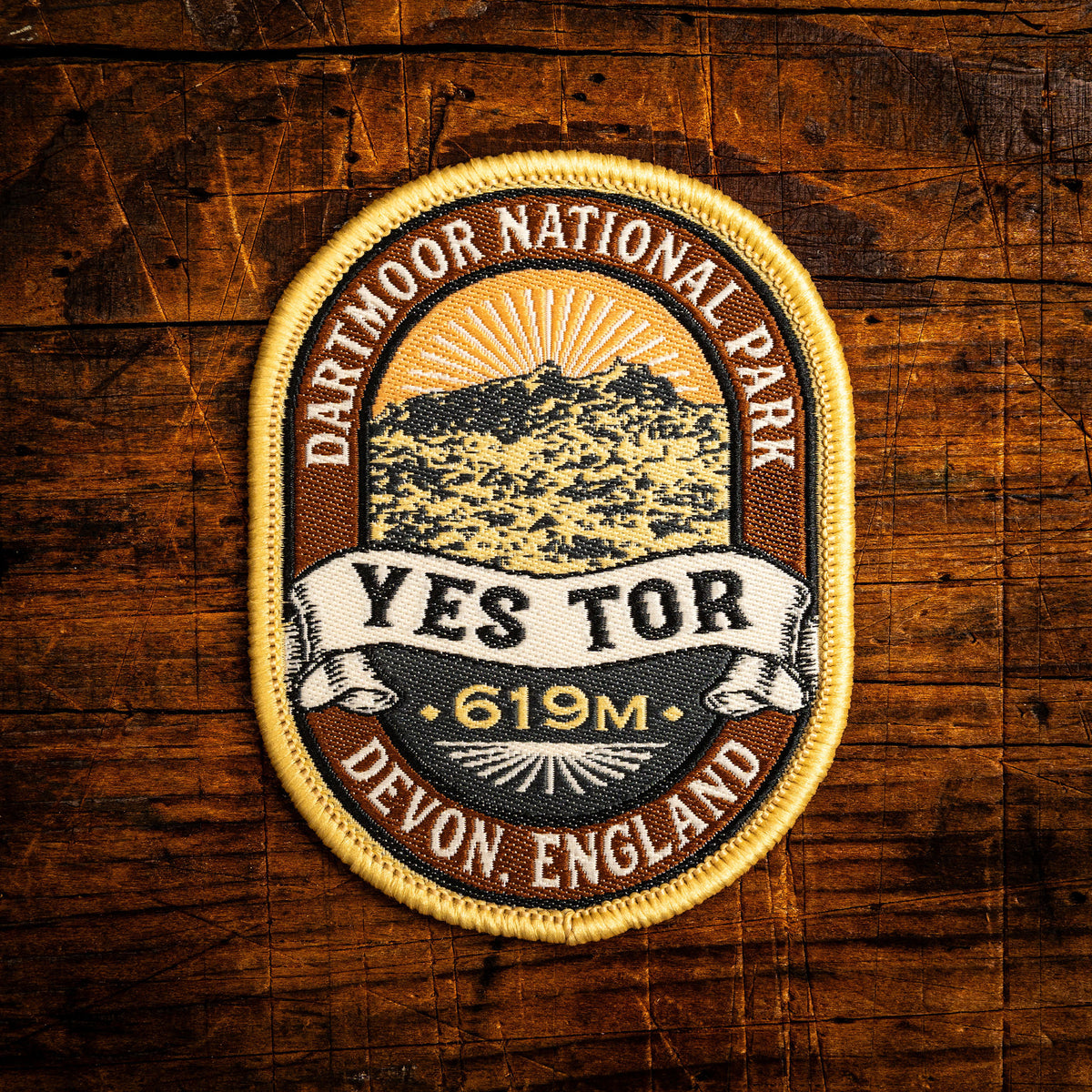 Yes Tor retro woven patch – Dartmoor's second highest tor, iron-on backing, recycled yarn