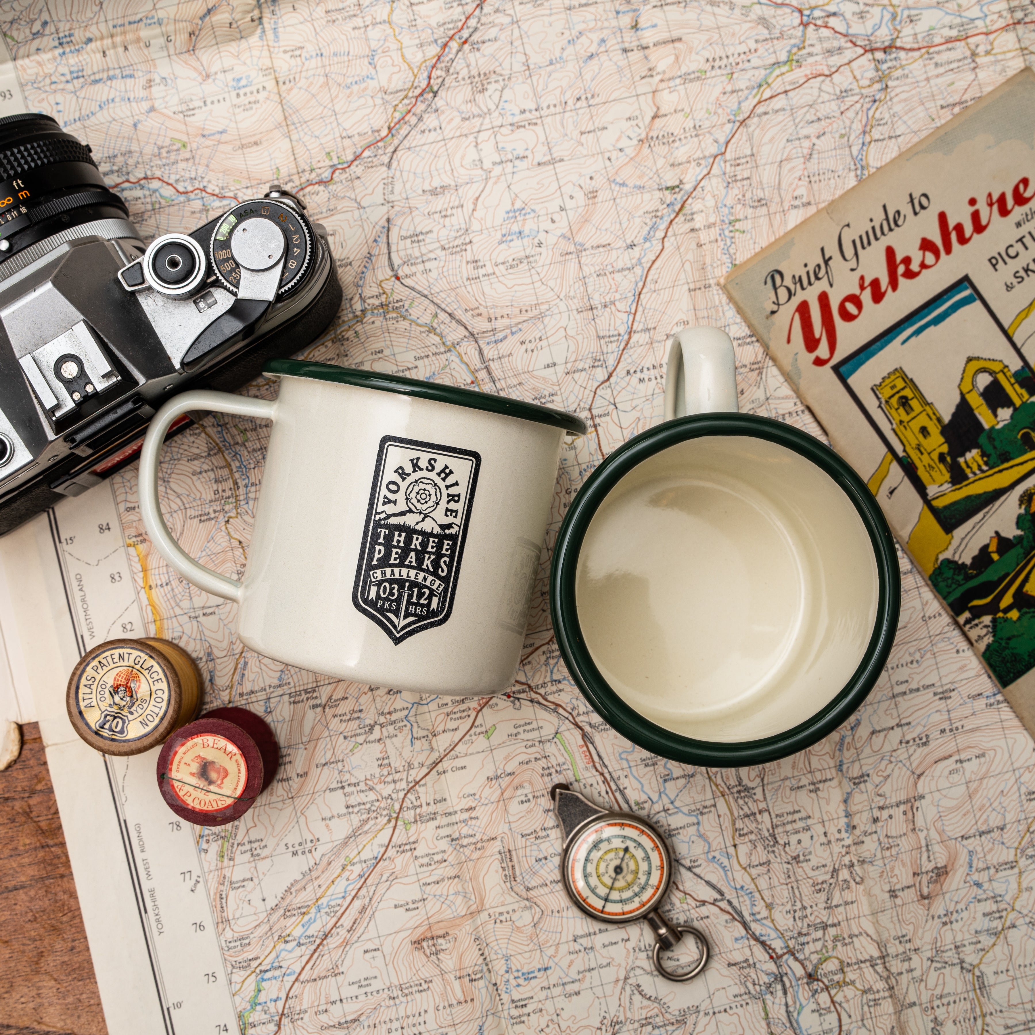Yorkshire Three Peaks Challenge camp mug close-up - hard enamel camping mug retro design