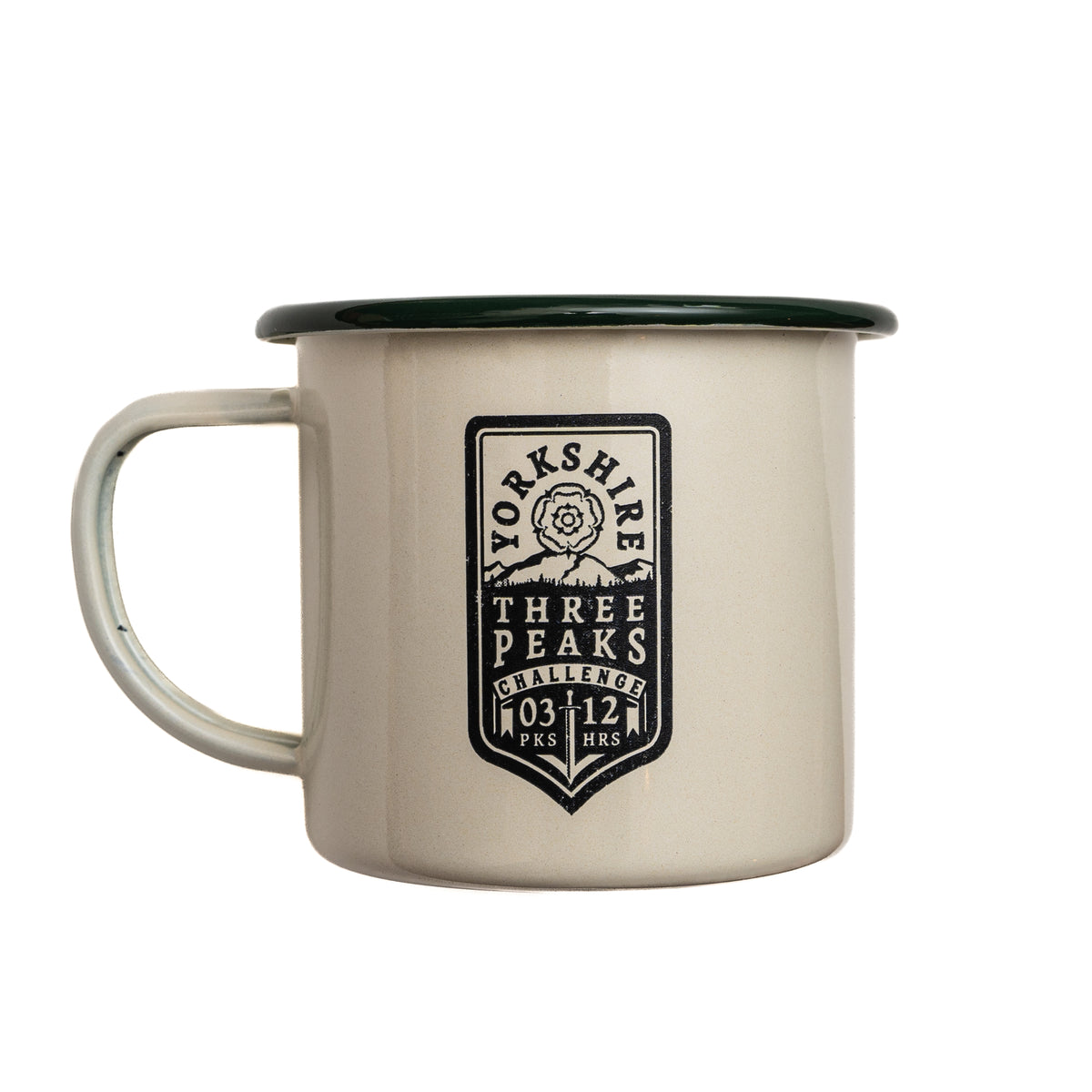 Yorkshire Three Peaks Challenge camp mug lifestyle shot - hard enamel camping mug outdoors