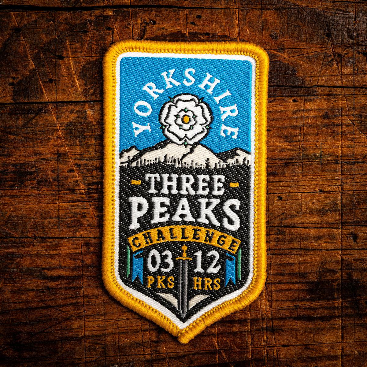 Yorkshire Three Peaks Challenge retro woven patch – Ingleborough, Whernside and Pen-y-Ghent in 12hrs