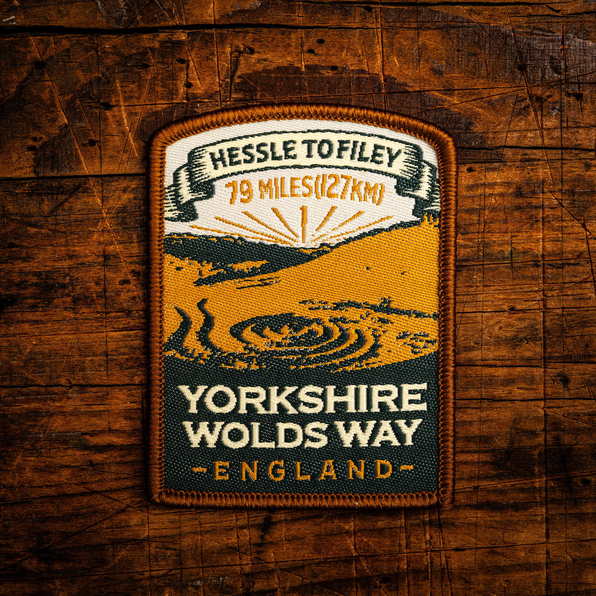 Yorkshire Wolds Way retro woven patch – 79 mile national trail from Hessle to Filey, iron-on backing