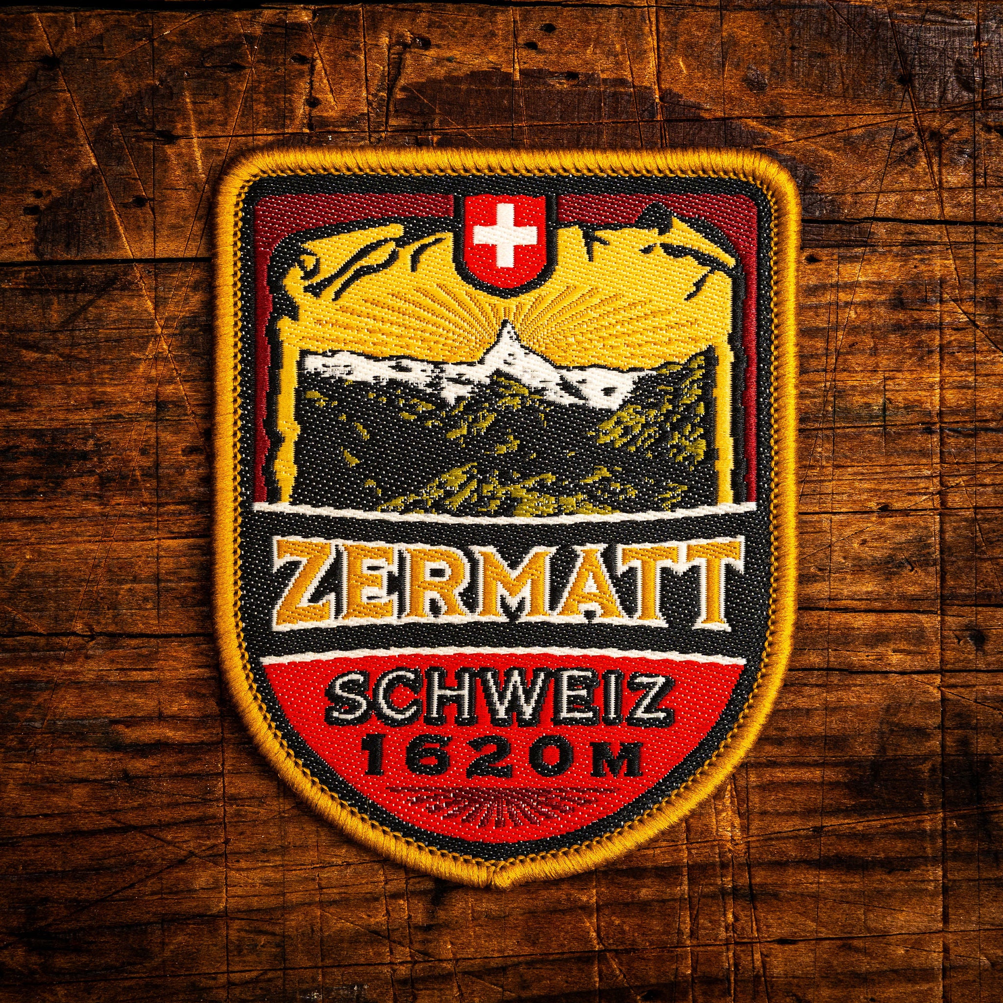 Zermatt retro woven patch – beautiful Swiss mountain resort town, Alps, iron-on backing, recycled yarn