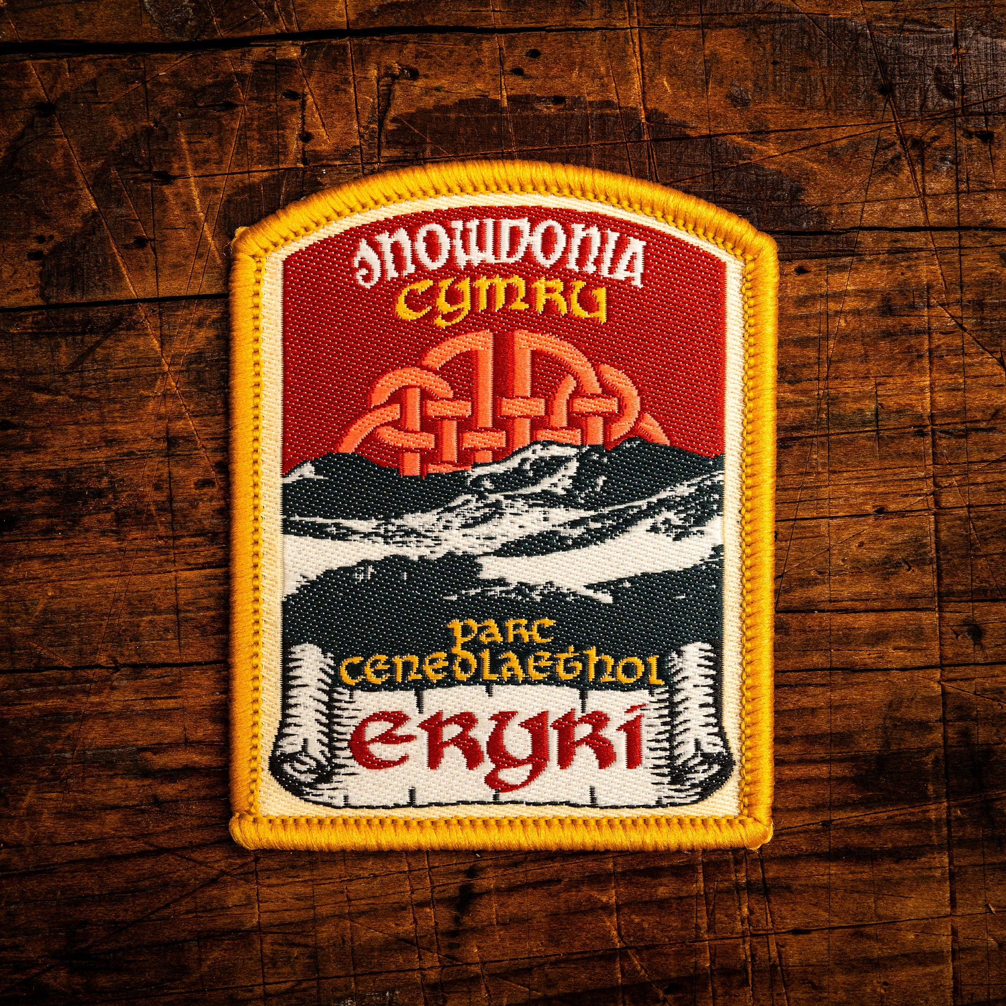 Eryri (Snowdonia) Celtic design woven patch – beautiful Welsh national park, iron-on backing, recycled yarn