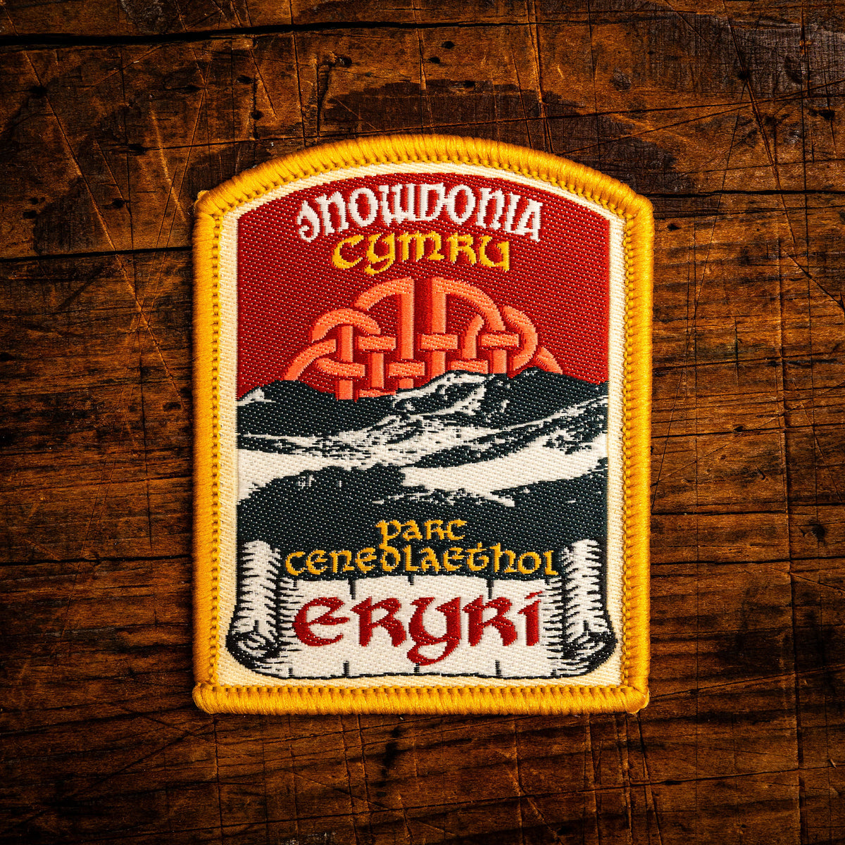 Eryri (Snowdonia) Celtic design woven patch – beautiful Welsh national park, iron-on backing, recycled yarn
