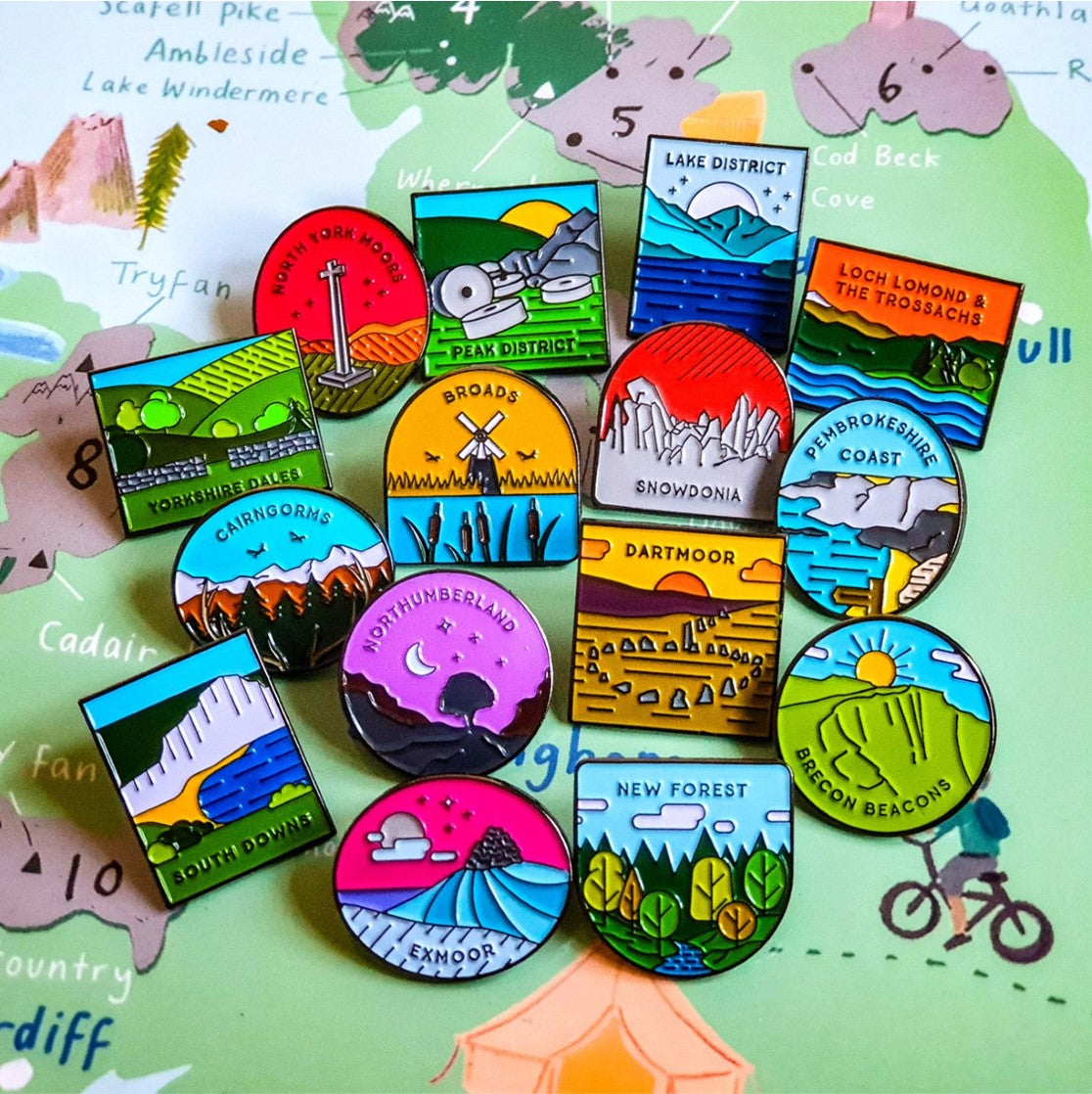 Set of 15 UK National Park enamel pins bundle – all national parks represented, on backing cards
