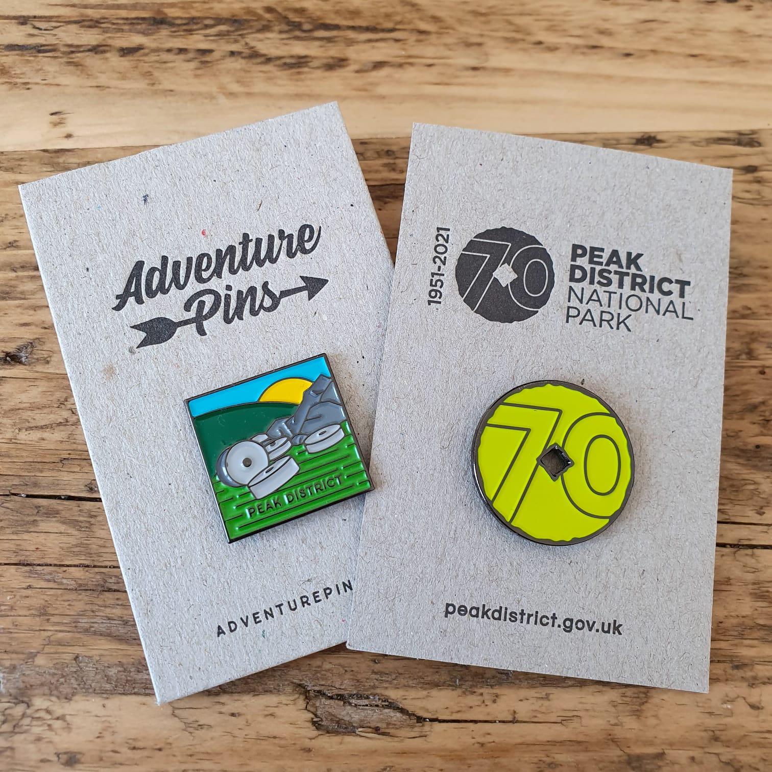 Peak District 70th Anniversary pin badge on backing card – official commemorative Peak District pin