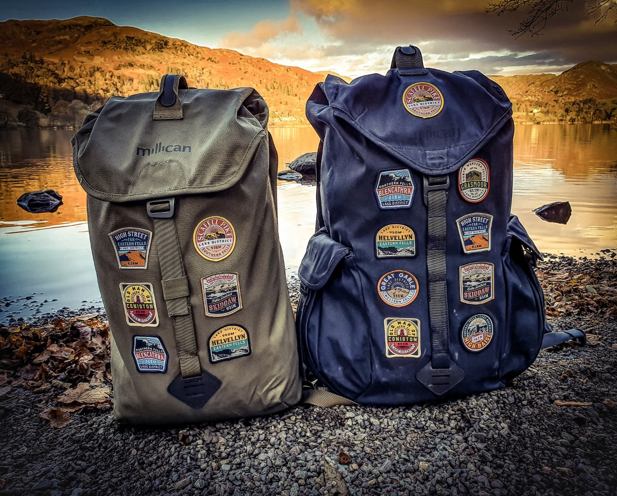 Two bags with Lake District patches including Fells, lakes and towns woven patches collection