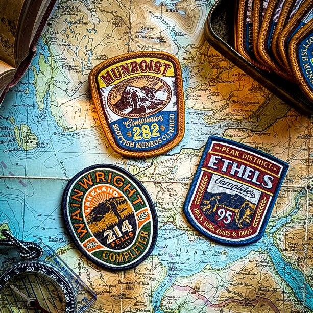 Completer patches set including Wainwright completer – retro woven commemorative hiking patches