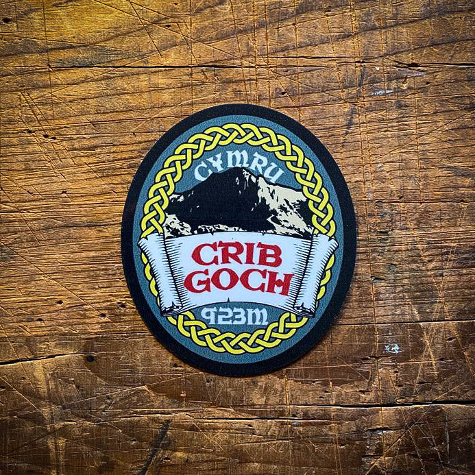 Crib Goch sticker displayed – Welsh mountain waterproof vinyl sticker for outdoor gear