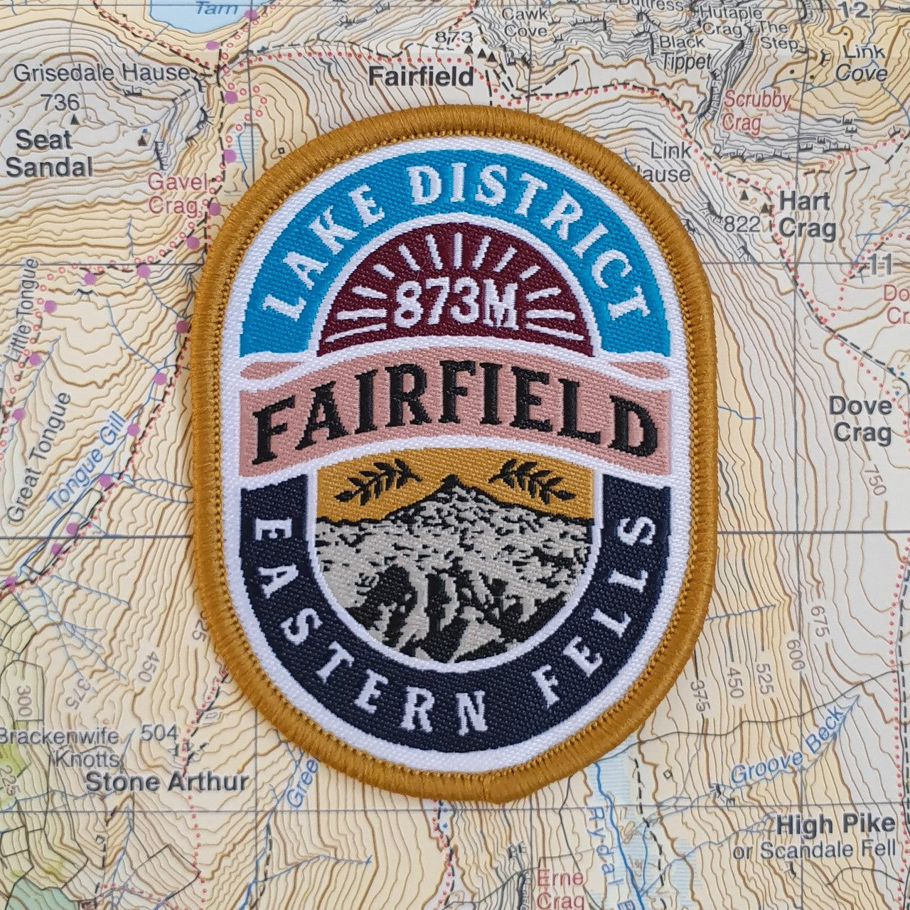 Fairfield woven patch close-up product shot – retro Lake District hiking patch