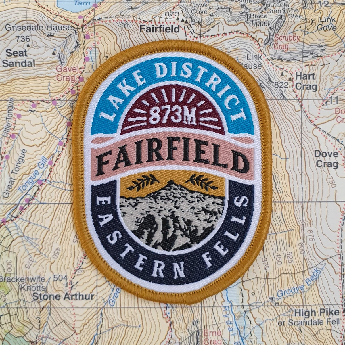 Fairfield woven patch close-up product shot – retro Lake District hiking patch