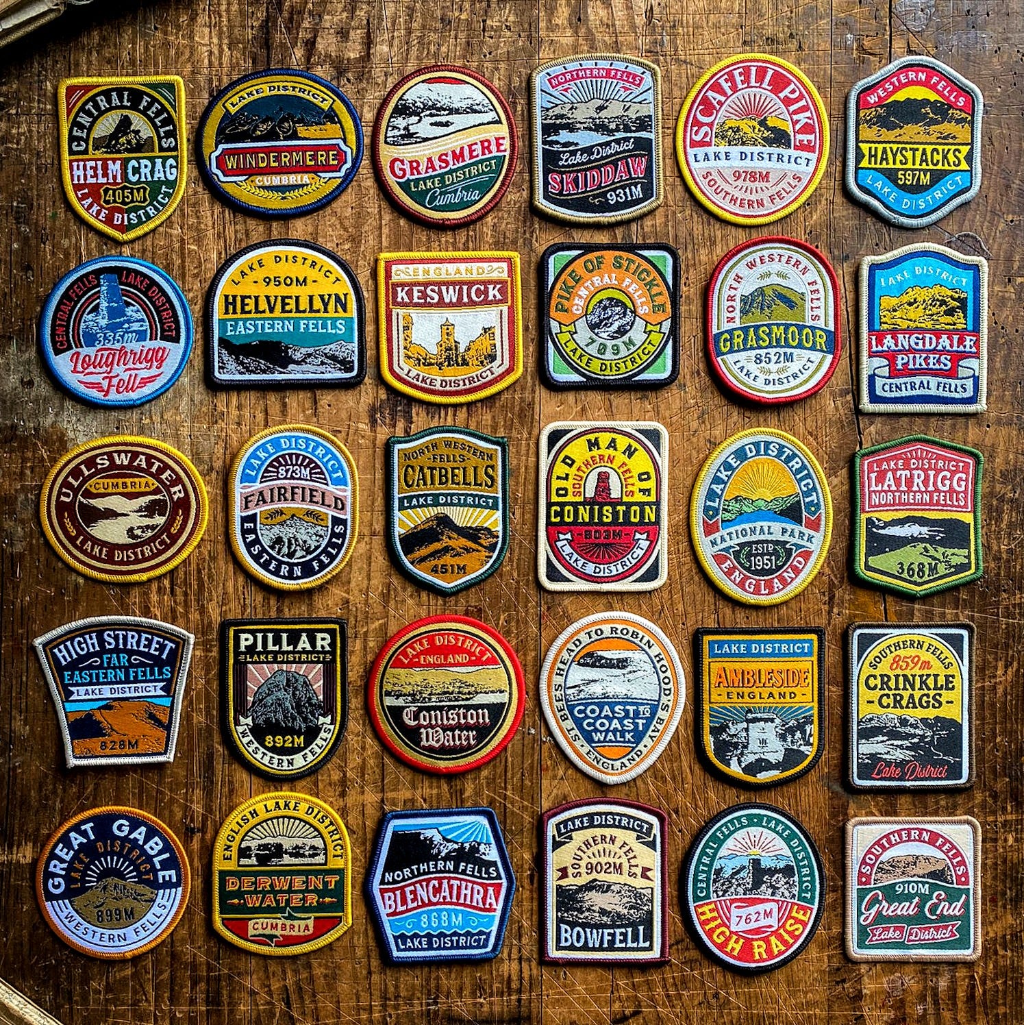 Full Lake District range of patches including Ambleside – retro woven hiking patch collection