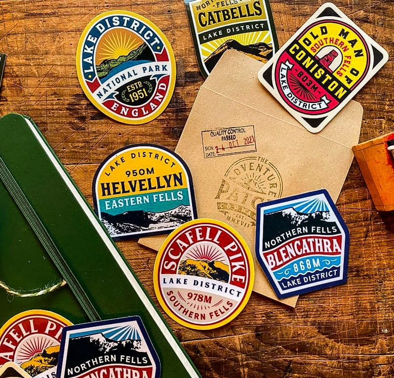 Lake District Fells vinyl stickers collection on a surface – outdoor waterproof sticker range