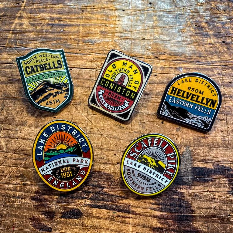 Lake District Fells enamel pins on backing cards – Catbells pin displayed in collection