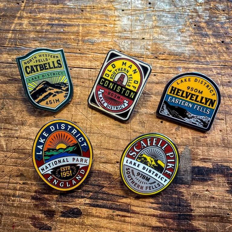 Lake District Fells enamel pins on backing cards – Lake District National Park pin included