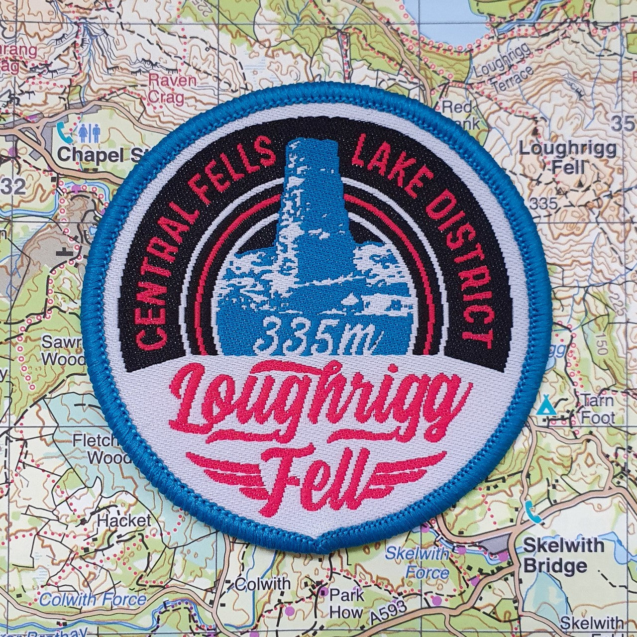 Loughrigg Fell woven patch close-up product shot – retro Lake District hiking patch