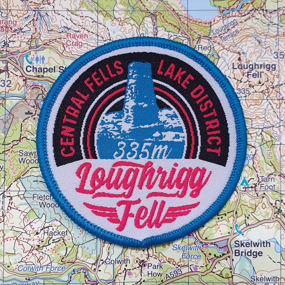 Loughrigg Fell woven patch close-up product shot – retro Lake District hiking patch