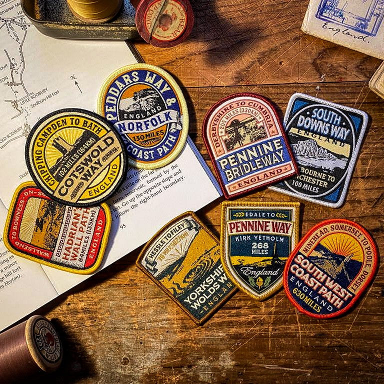 National Trails patches collection including Way of the Roses – retro woven hiking patch set