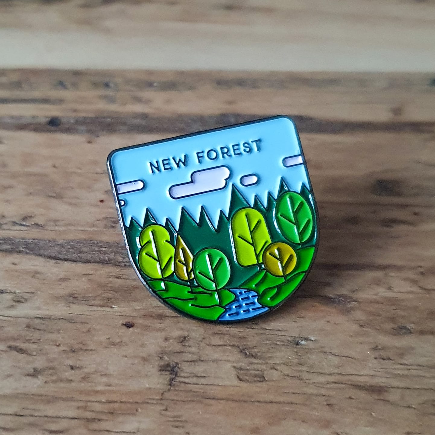 New Forest National Park enamel pin – wild heathland and woods design, 23mm x 23mm