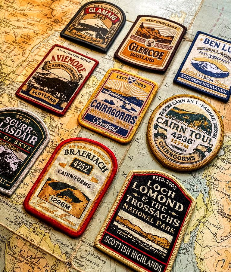 Nine new Scottish Mountain patches August 2022 – retro whisky label woven patch collection